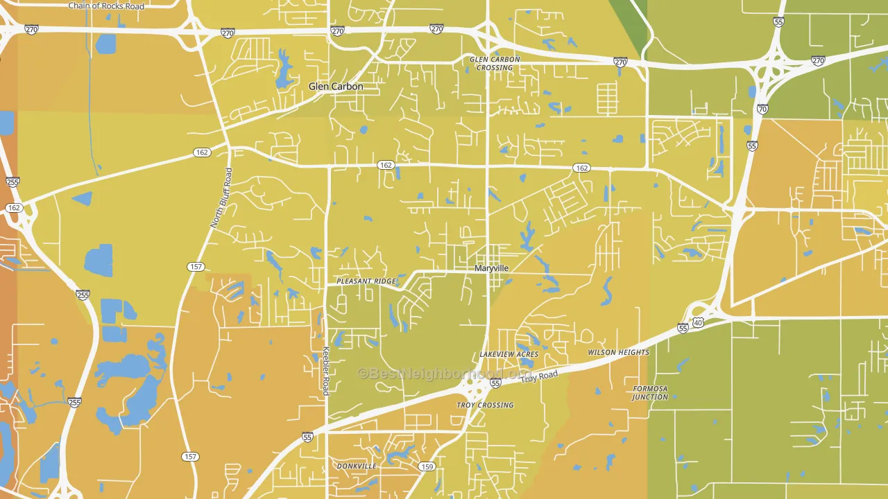 Map of the best neighborhoods in the 62062 area, with better matches in green and worse matches in red