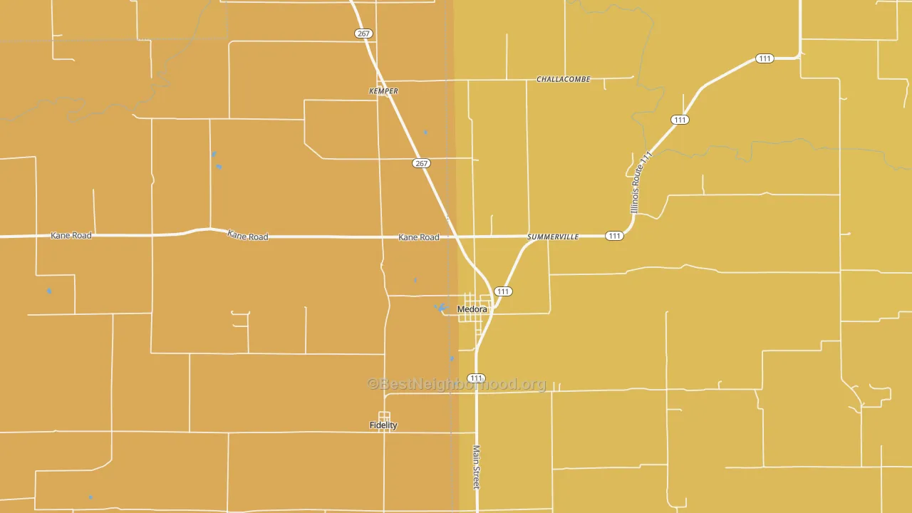 Map of the best neighborhoods in the 62063 area, with better matches in green and worse matches in red