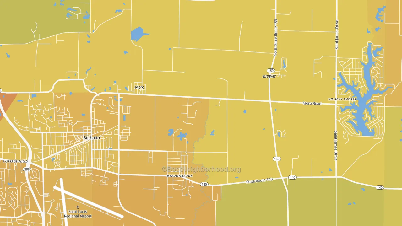 Map of the best neighborhoods in the 62067 area, with better matches in green and worse matches in red
