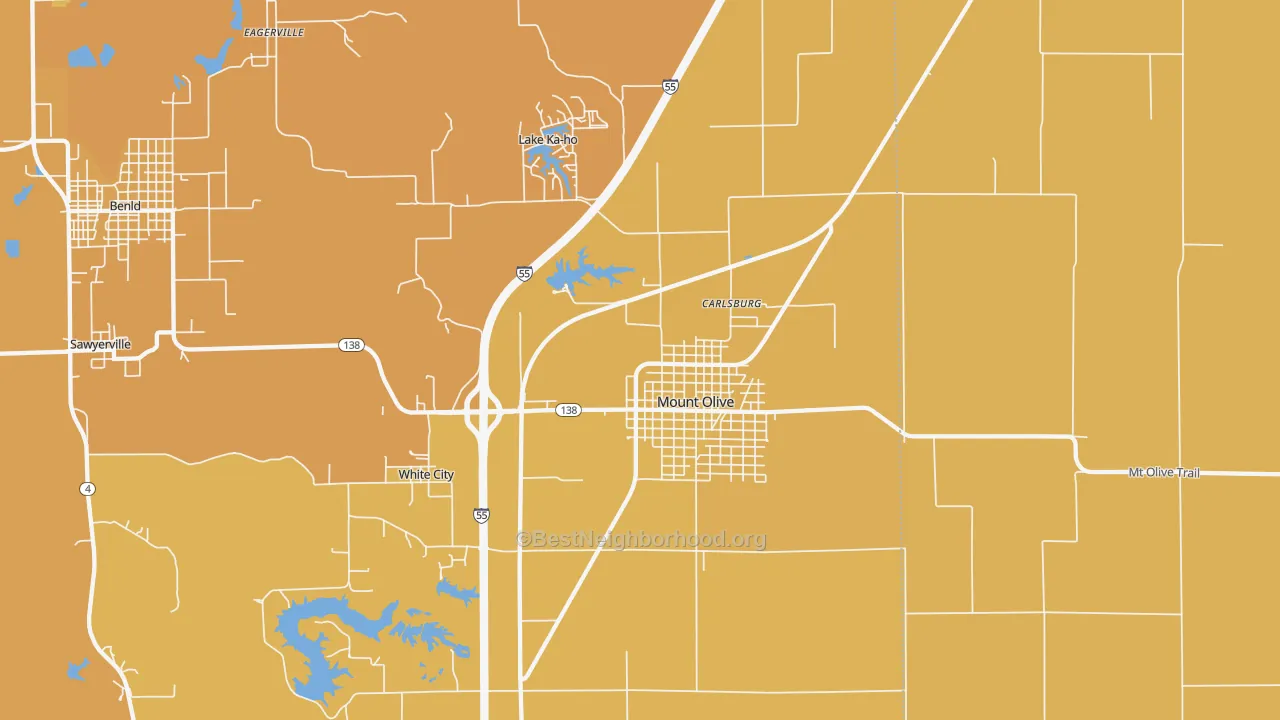 Map of the best neighborhoods in the 62069 area, with better matches in green and worse matches in red