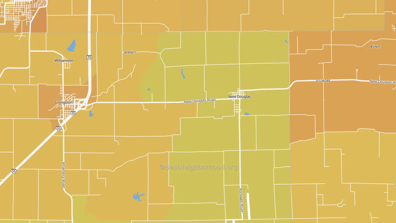 Map of the best neighborhoods in the 62074 area, with better matches in green and worse matches in red