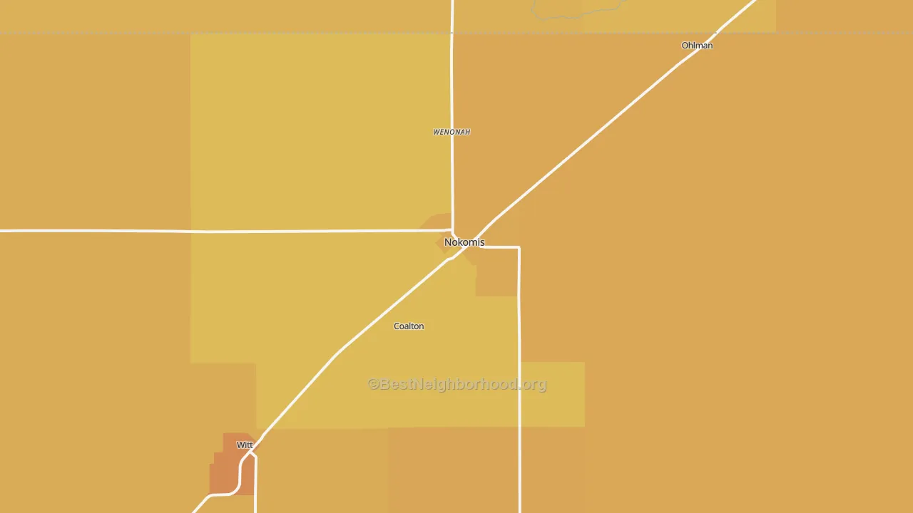Map of the best neighborhoods in the 62075 area, with better matches in green and worse matches in red