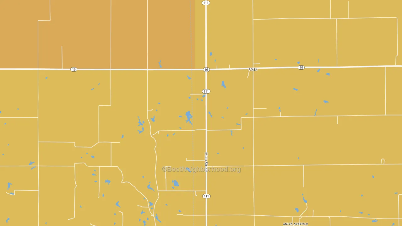 Map of the best neighborhoods in the 62079 area, with better matches in green and worse matches in red