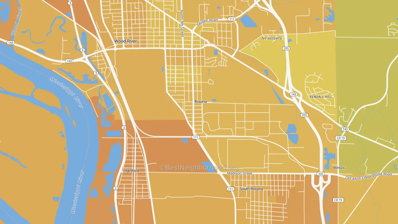 Map of the best neighborhoods in the 62084 area, with better matches in green and worse matches in red