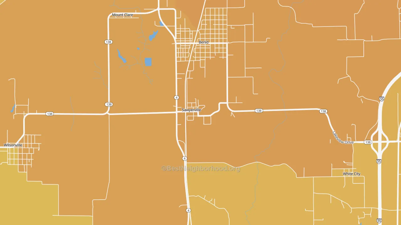 Map of the best neighborhoods in the 62085 area, with better matches in green and worse matches in red