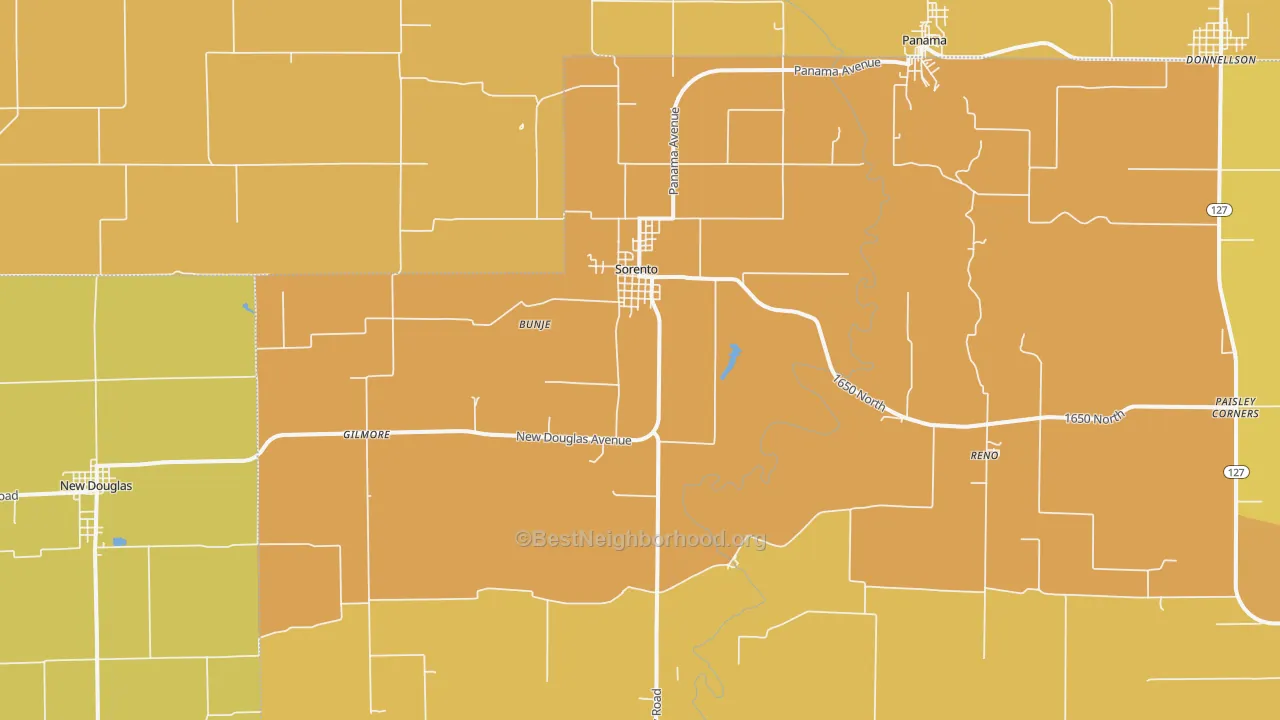 Map of the best neighborhoods in the 62086 area, with better matches in green and worse matches in red