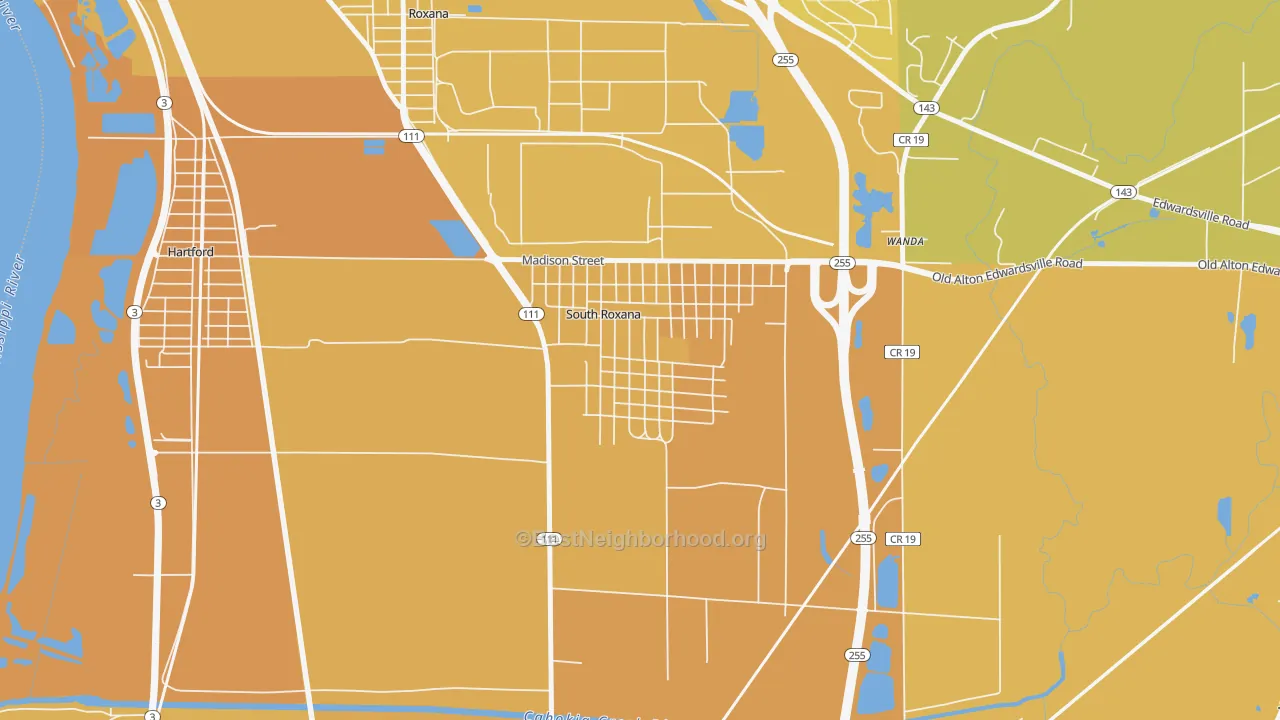 Map of the best neighborhoods in the 62087 area, with better matches in green and worse matches in red