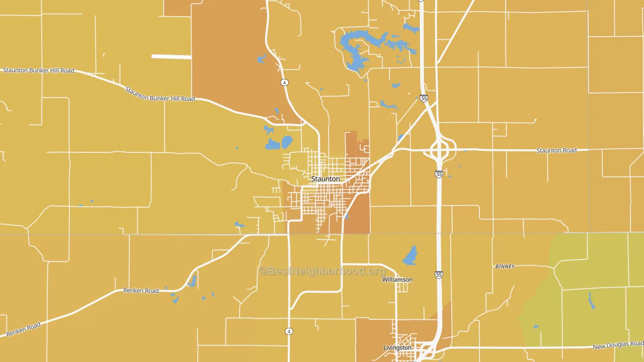 Map of the best neighborhoods in the 62088 area, with better matches in green and worse matches in red