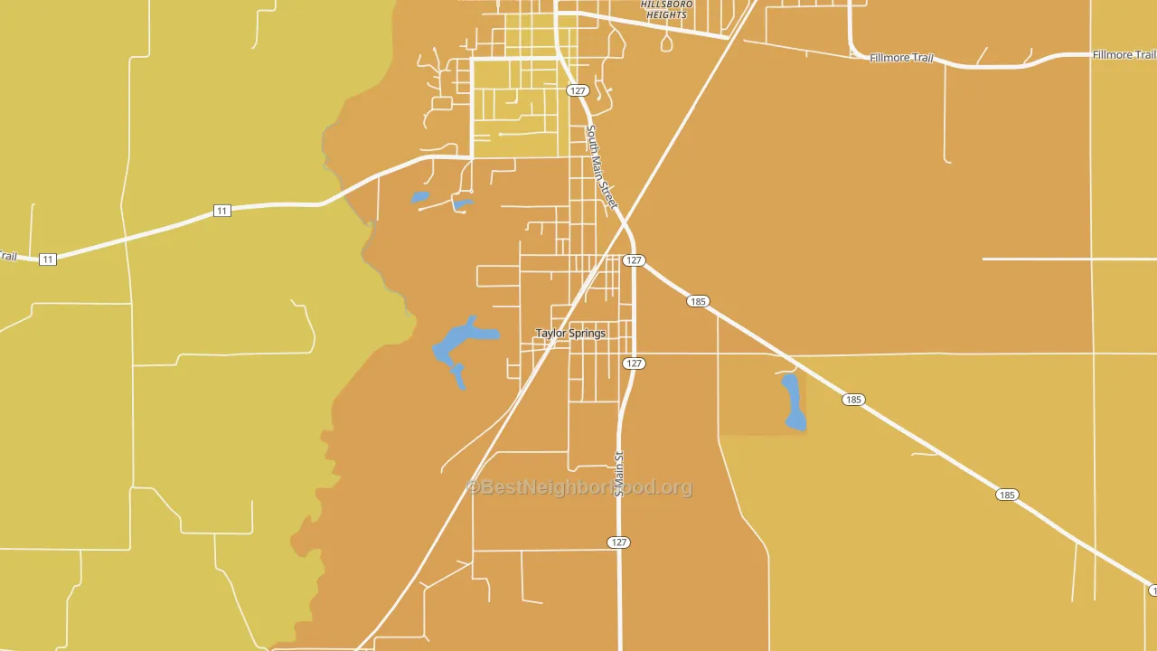 Map of the best neighborhoods in the 62089 area, with better matches in green and worse matches in red