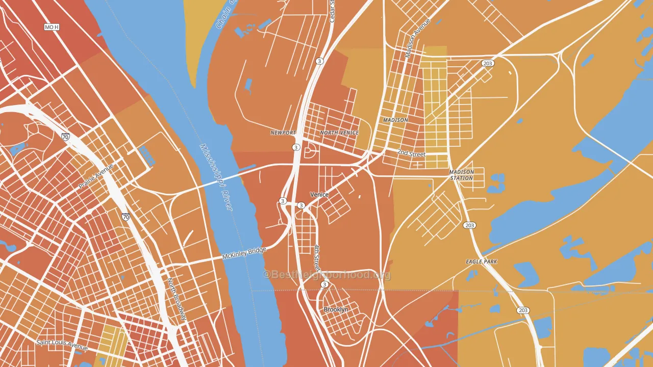 Map of the best neighborhoods in the 62090 area, with better matches in green and worse matches in red
