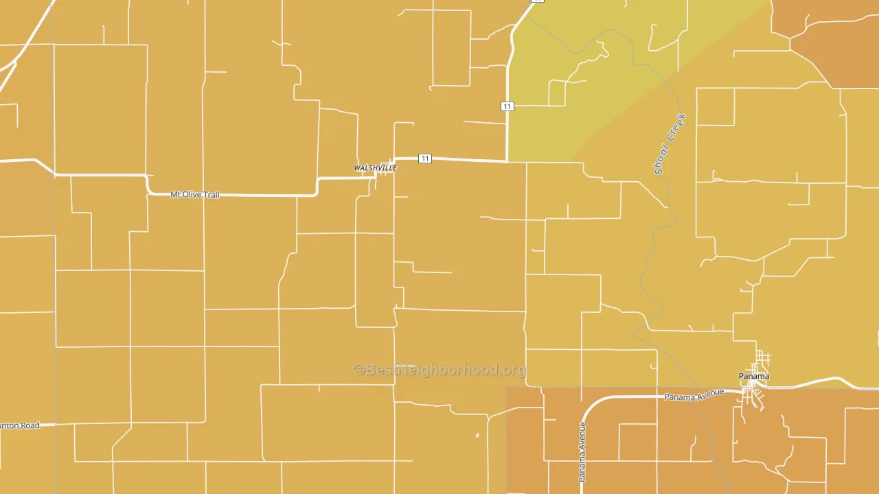 Map of the best neighborhoods in the 62091 area, with better matches in green and worse matches in red