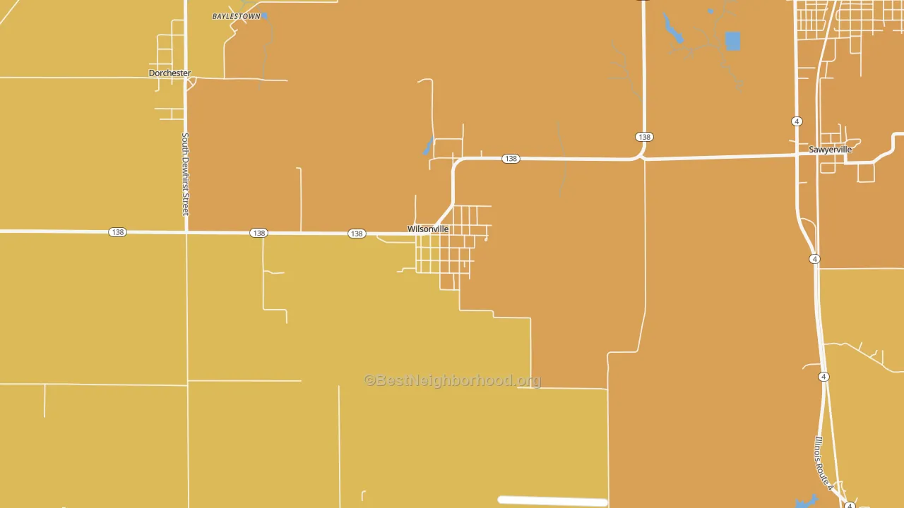 Map of the best neighborhoods in the 62093 area, with better matches in green and worse matches in red
