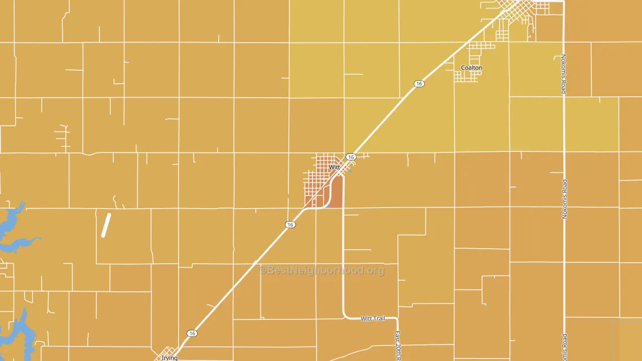 Map of the best neighborhoods in the 62094 area, with better matches in green and worse matches in red