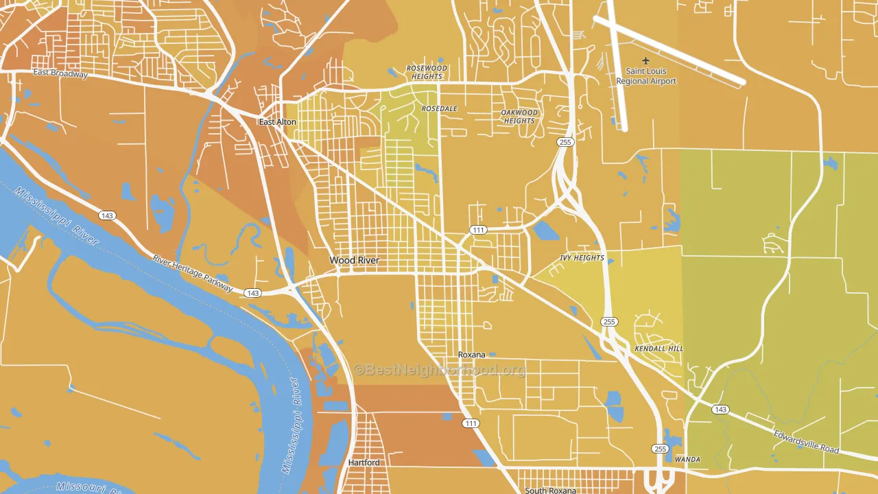 Map of the best neighborhoods in the 62095 area, with better matches in green and worse matches in red