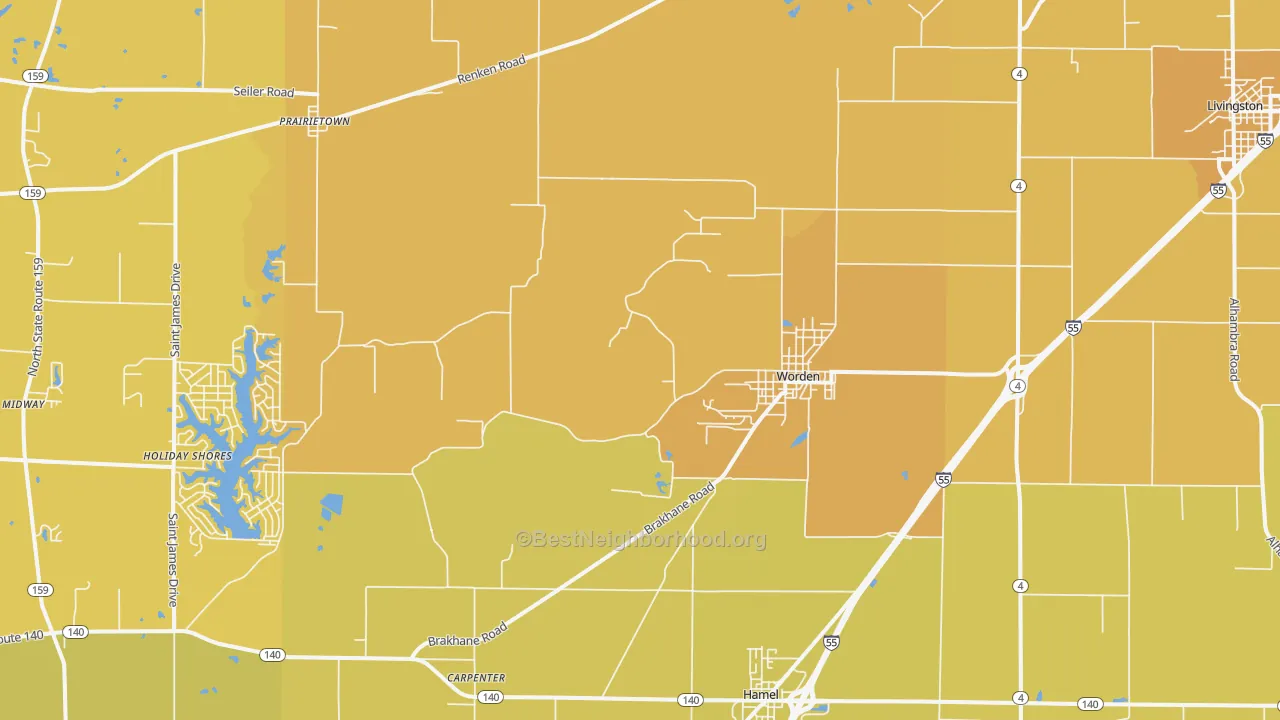 Map of the best neighborhoods in the 62097 area, with better matches in green and worse matches in red