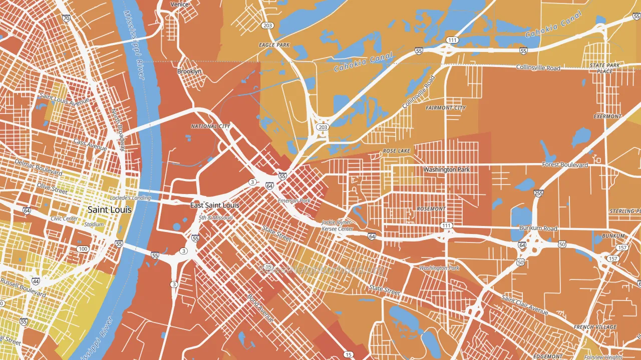 Map of the best neighborhoods in the 62201 area, with better matches in green and worse matches in red