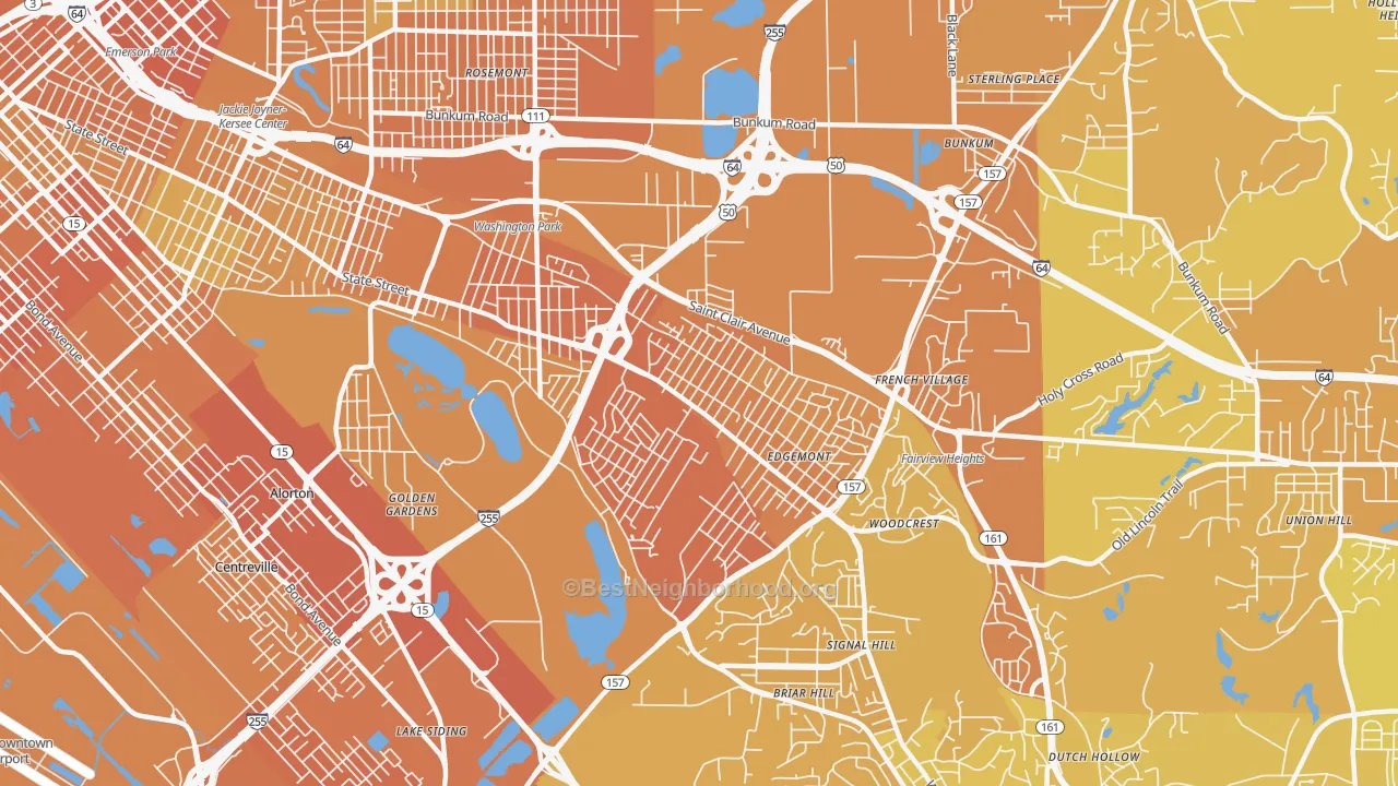 Map of the best neighborhoods in the 62203 area, with better matches in green and worse matches in red