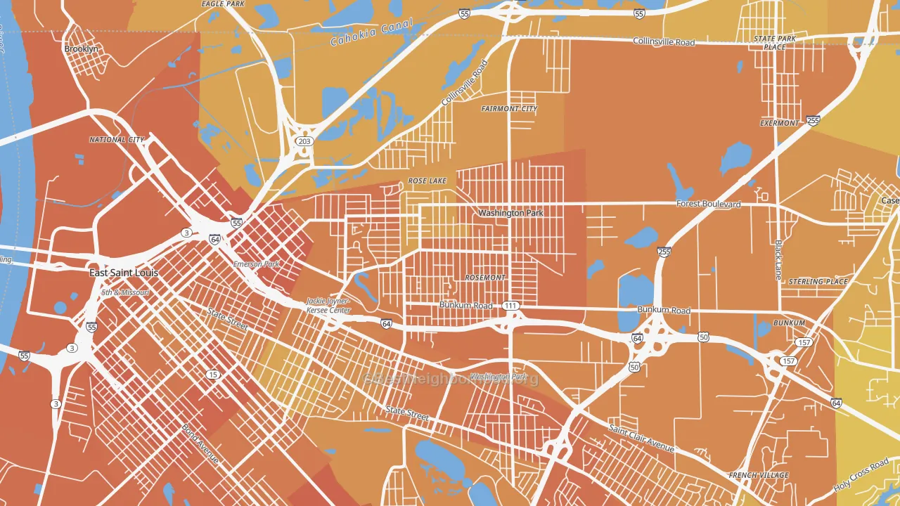 Map of the best neighborhoods in the 62204 area, with better matches in green and worse matches in red