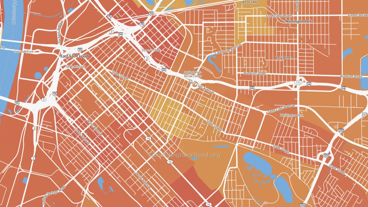 Map of the best neighborhoods in the 62205 area, with better matches in green and worse matches in red
