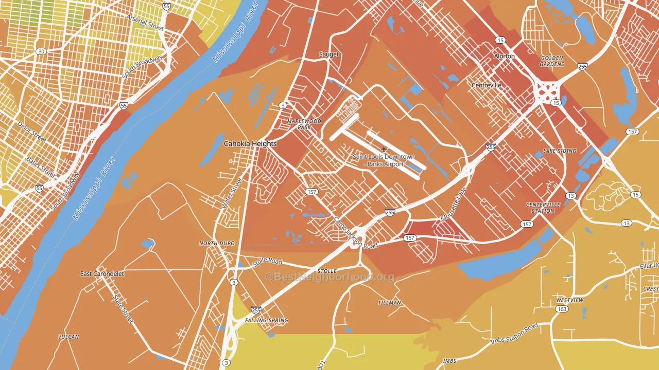 Map of the best neighborhoods in the 62206 area, with better matches in green and worse matches in red