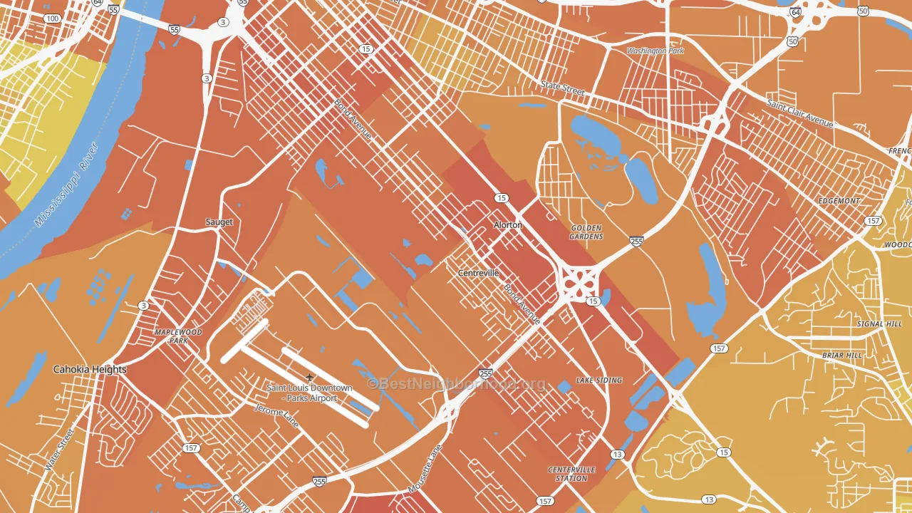 Map of the best neighborhoods in the 62207 area, with better matches in green and worse matches in red