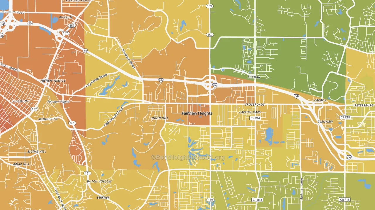 Map of the best neighborhoods in the 62208 area, with better matches in green and worse matches in red
