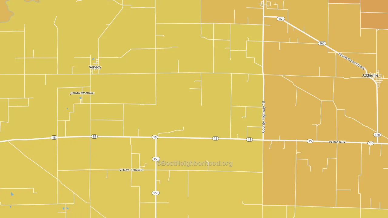 Map of the best neighborhoods in the 62214 area, with better matches in green and worse matches in red