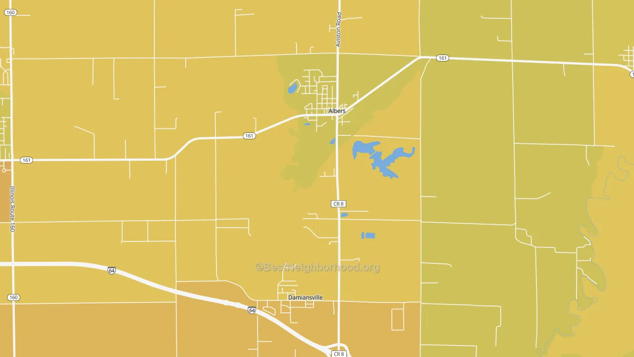Map of the best neighborhoods in the 62215 area, with better matches in green and worse matches in red