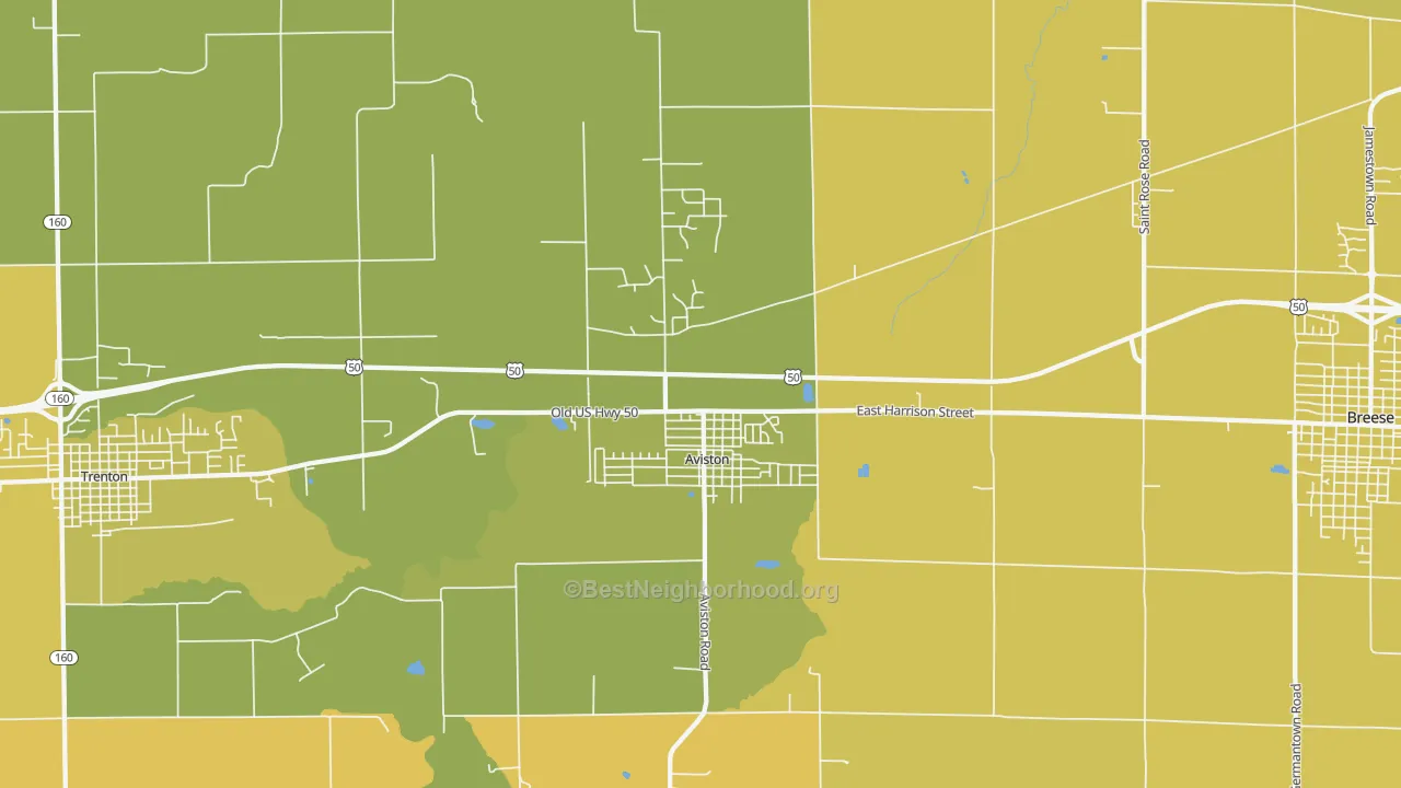 Map of the best neighborhoods in the 62216 area, with better matches in green and worse matches in red