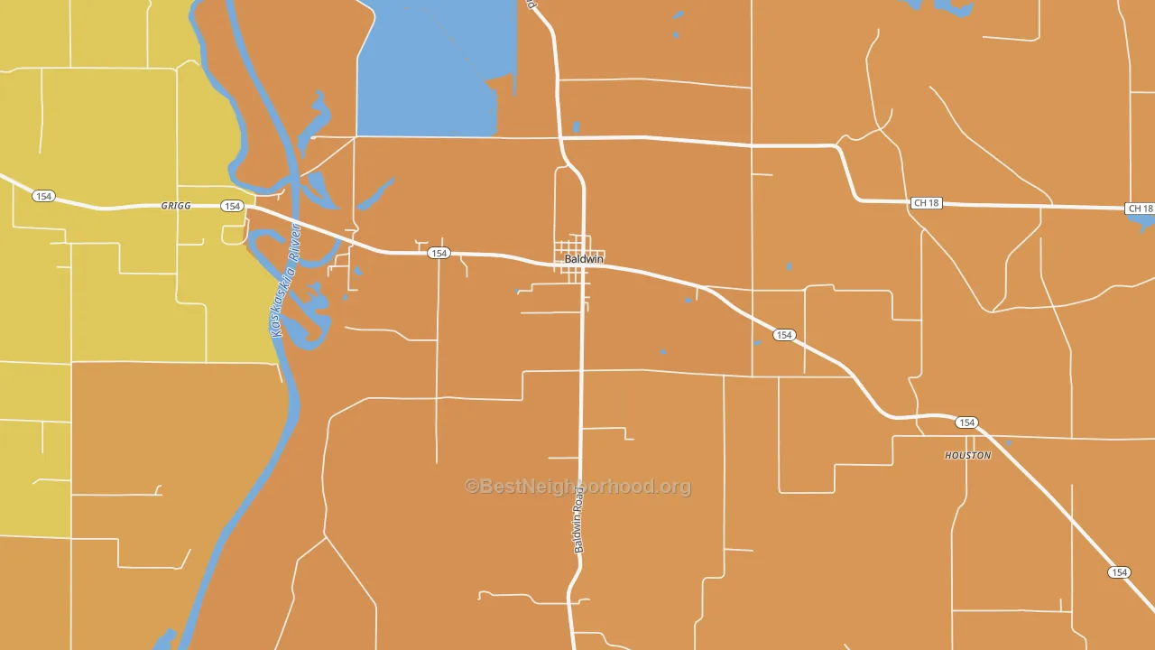 Map of the best neighborhoods in the 62217 area, with better matches in green and worse matches in red