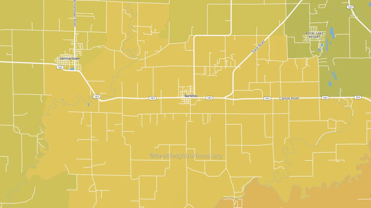 Map of the best neighborhoods in the 62218 area, with better matches in green and worse matches in red