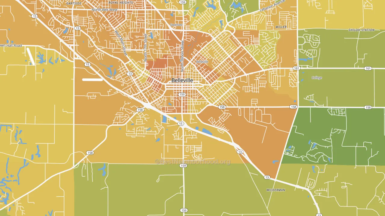 Map of the best neighborhoods in the 62220 area, with better matches in green and worse matches in red