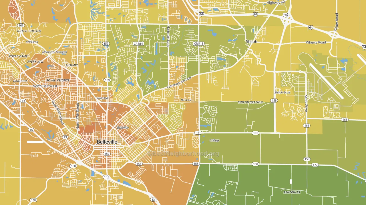 Map of the best neighborhoods in the 62221 area, with better matches in green and worse matches in red