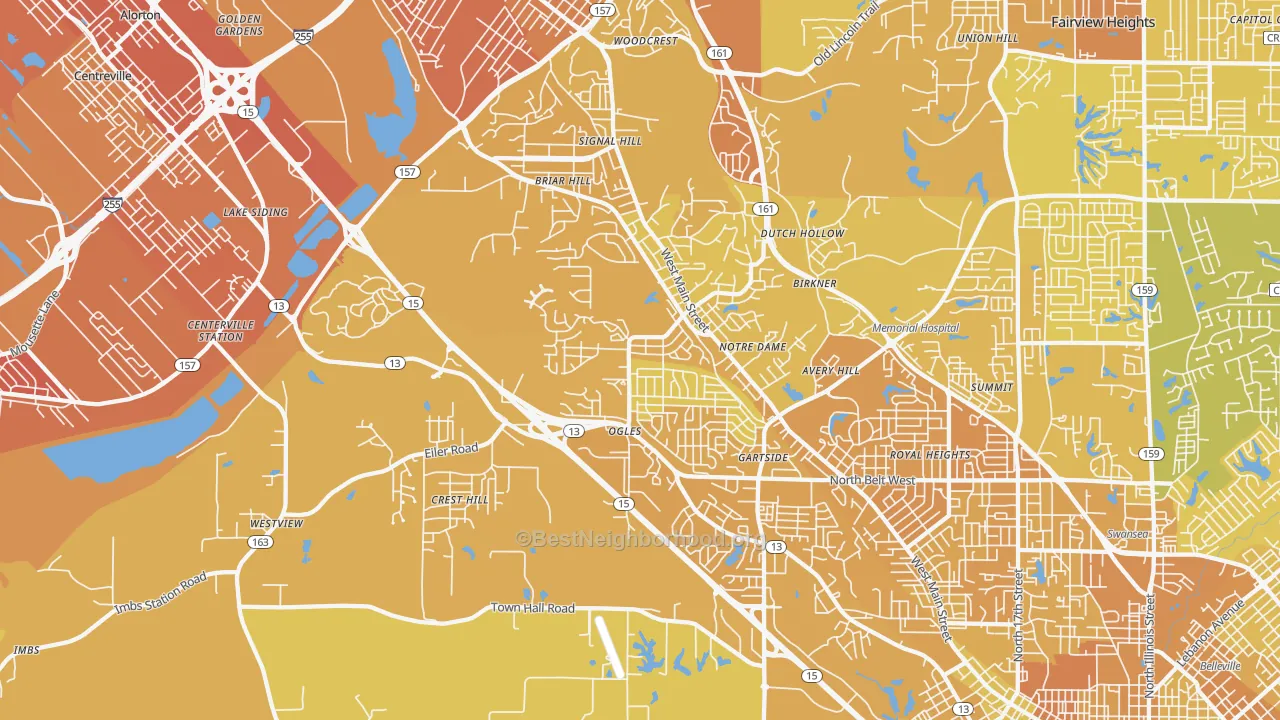 Map of the best neighborhoods in the 62223 area, with better matches in green and worse matches in red