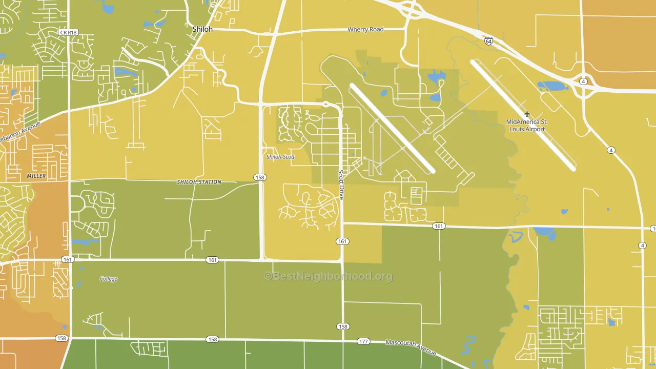 Map of the best neighborhoods in the 62225 area, with better matches in green and worse matches in red