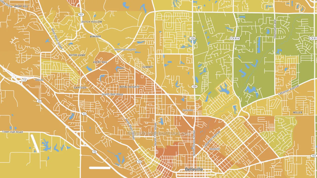 Map of the best neighborhoods in the 62226 area, with better matches in green and worse matches in red