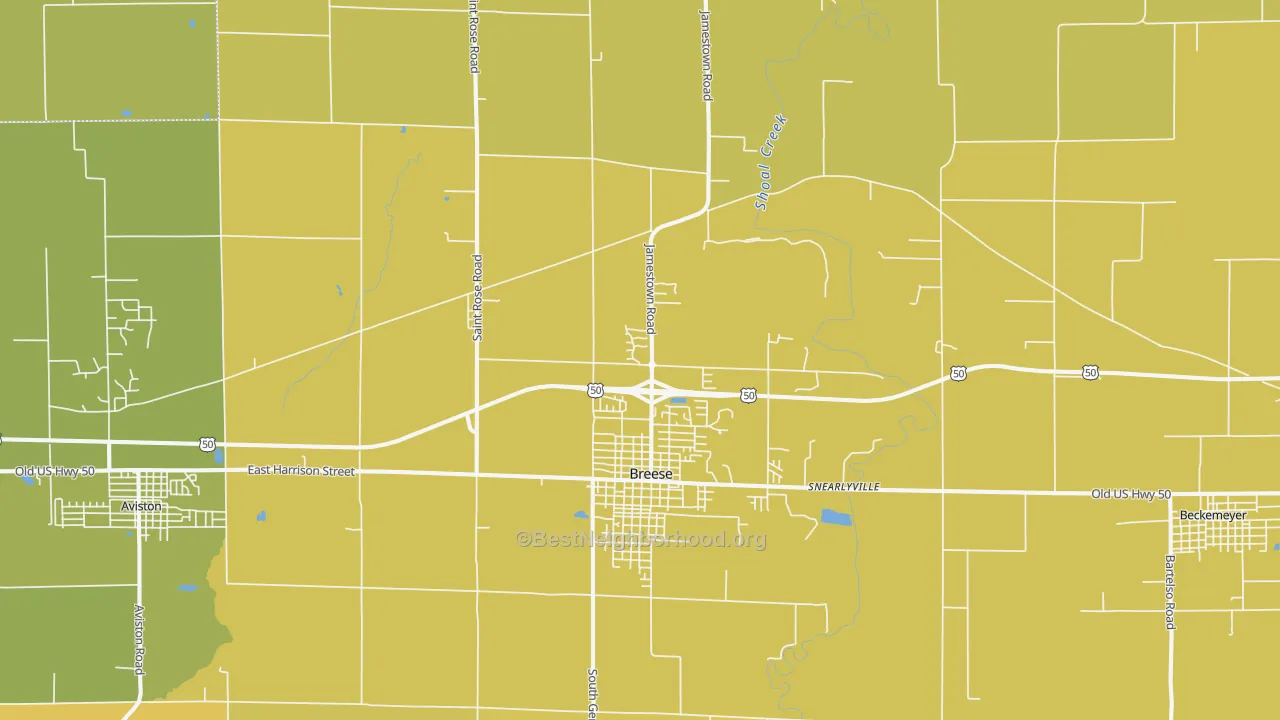 Map of the best neighborhoods in the 62230 area, with better matches in green and worse matches in red