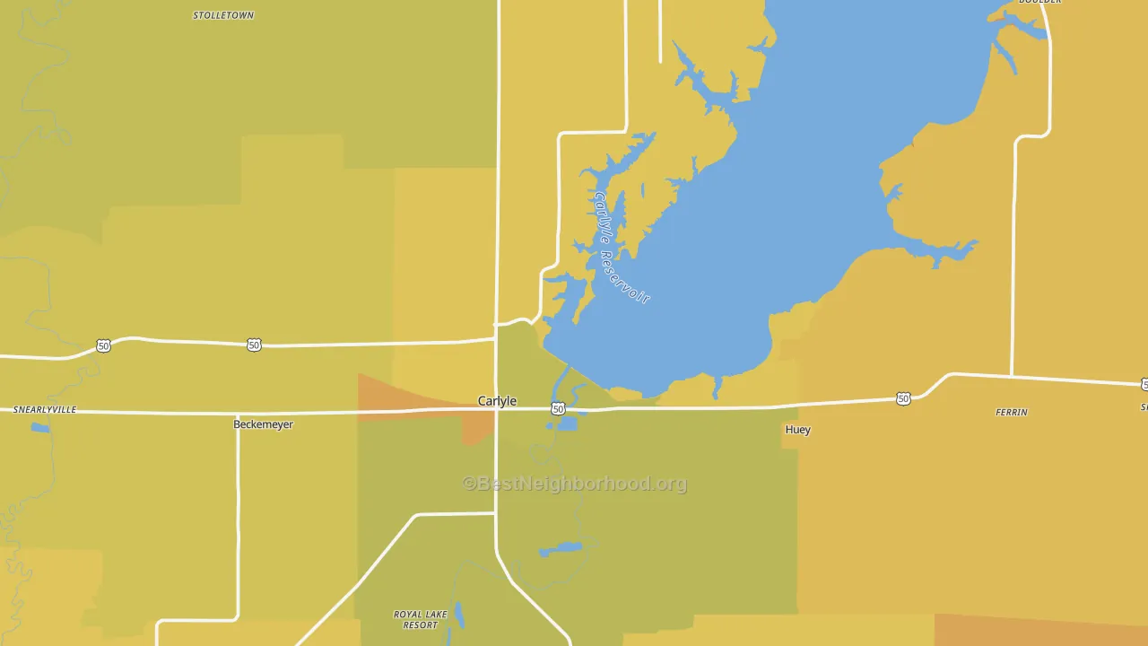 Map of the best neighborhoods in the 62231 area, with better matches in green and worse matches in red