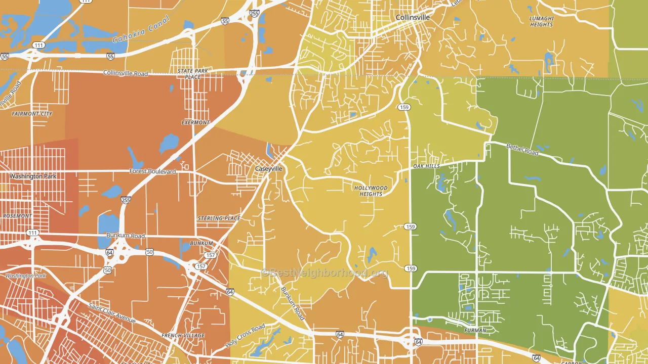 Map of the best neighborhoods in the 62232 area, with better matches in green and worse matches in red