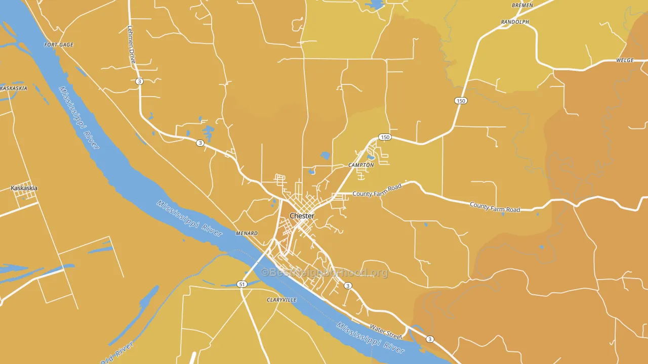 Map of the best neighborhoods in the 62233 area, with better matches in green and worse matches in red