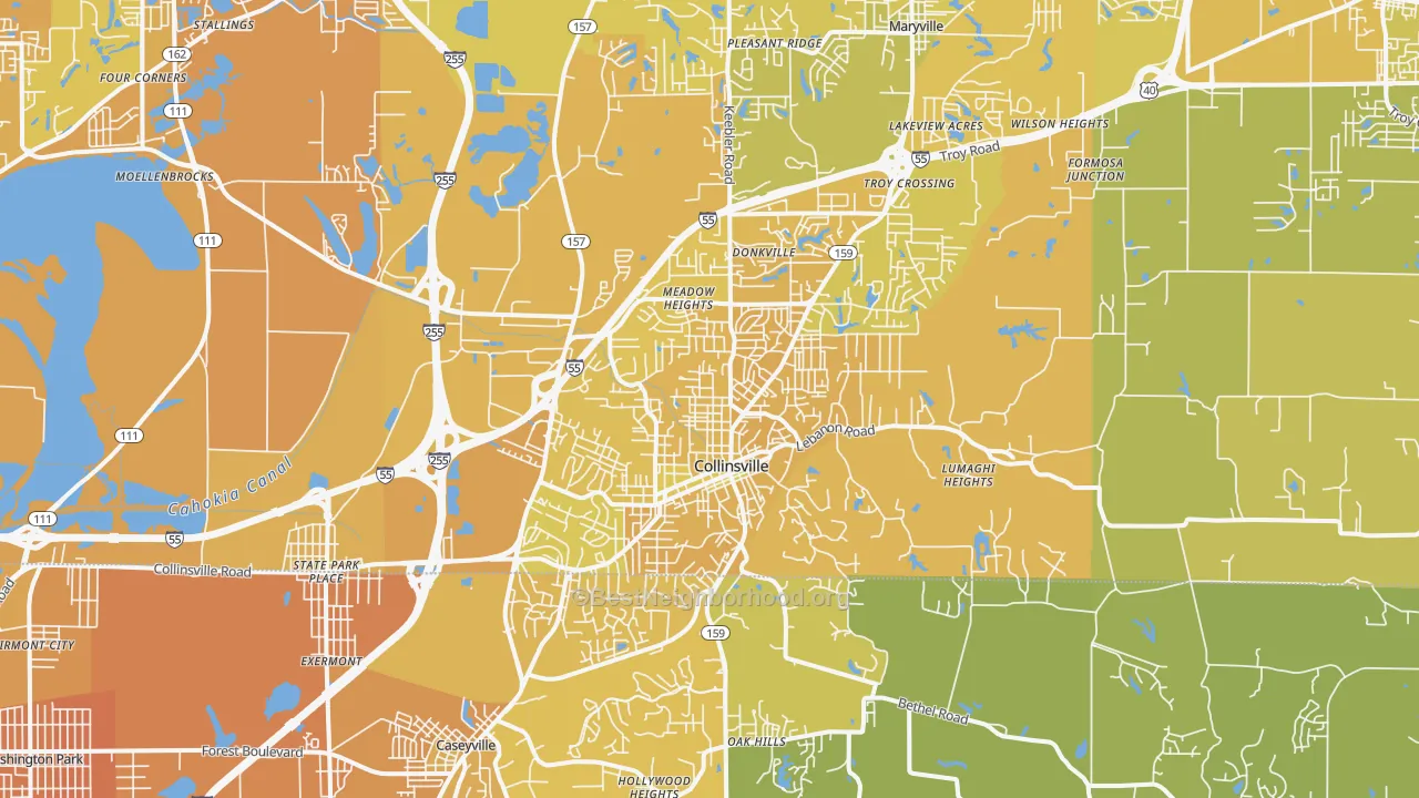 Map of the best neighborhoods in the 62234 area, with better matches in green and worse matches in red