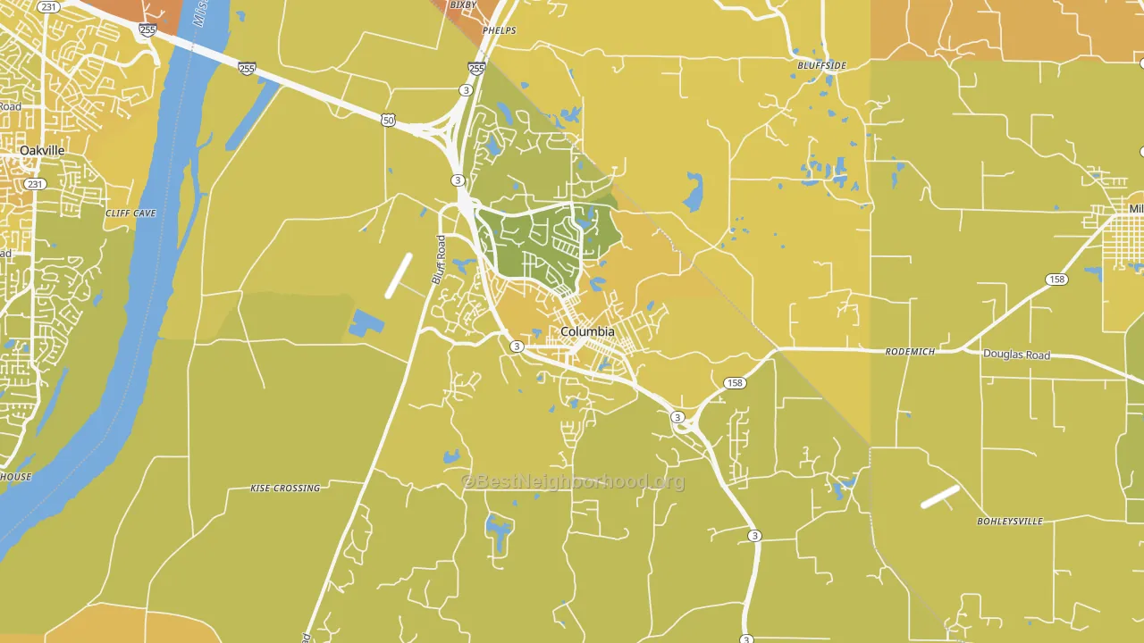 Map of the best neighborhoods in the 62236 area, with better matches in green and worse matches in red