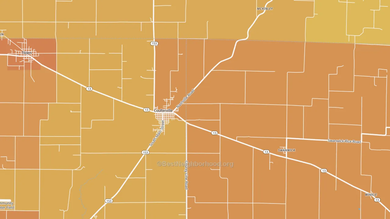 Map of the best neighborhoods in the 62237 area, with better matches in green and worse matches in red