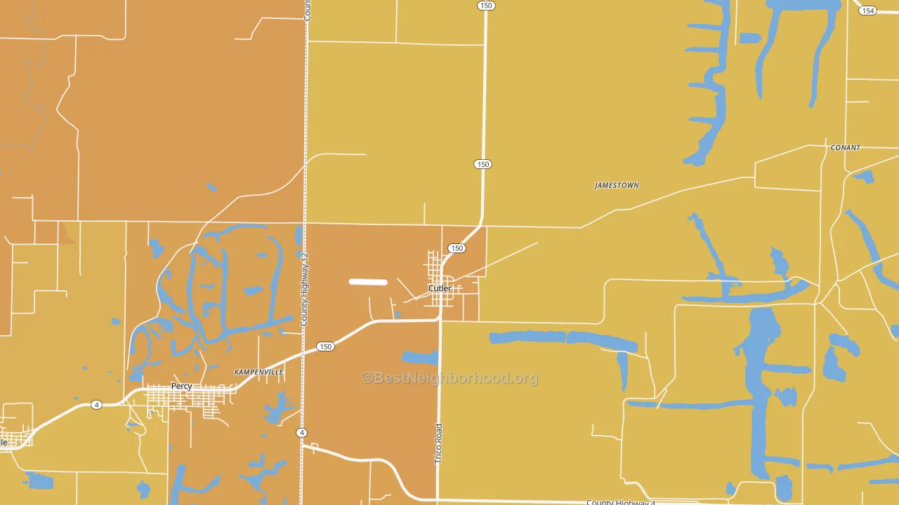 Map of the best neighborhoods in the 62238 area, with better matches in green and worse matches in red