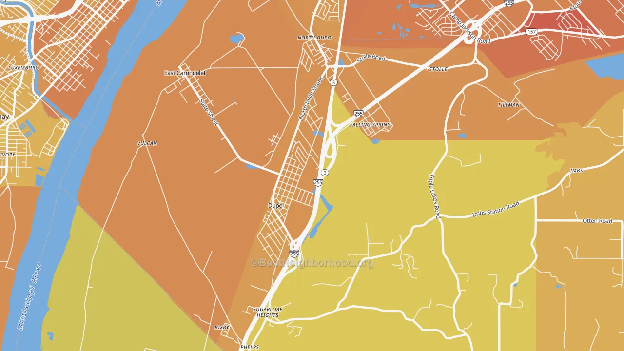 Map of the best neighborhoods in the 62239 area, with better matches in green and worse matches in red