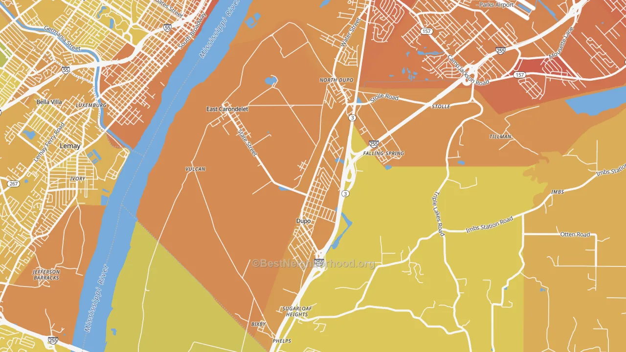 Map of the best neighborhoods in the 62240 area, with better matches in green and worse matches in red