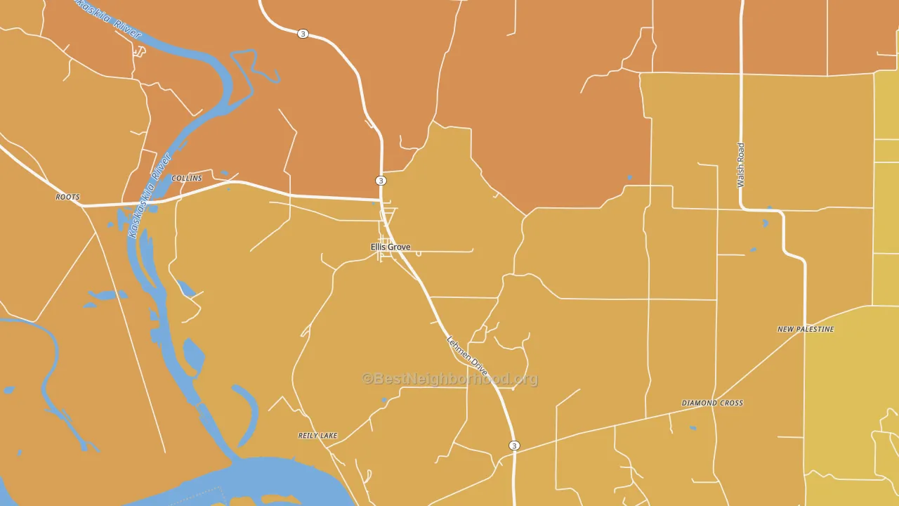 Map of the best neighborhoods in the 62241 area, with better matches in green and worse matches in red