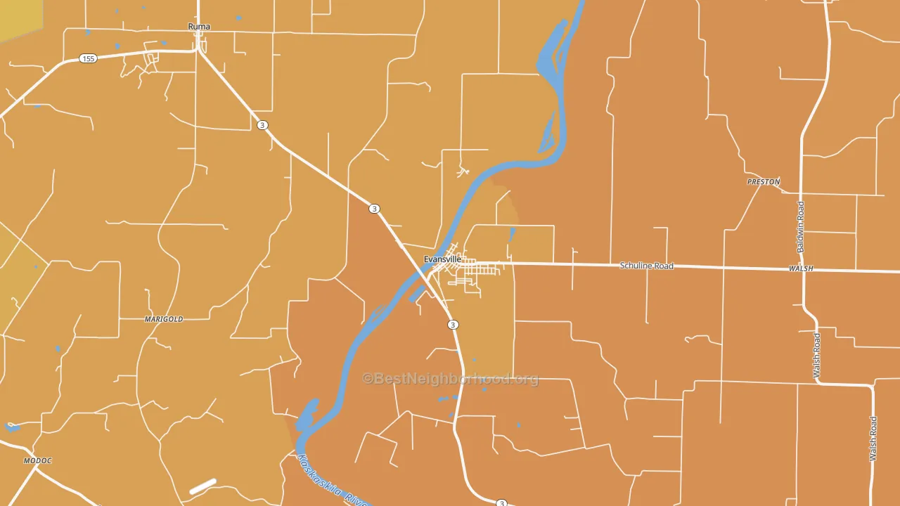 Map of the best neighborhoods in the 62242 area, with better matches in green and worse matches in red