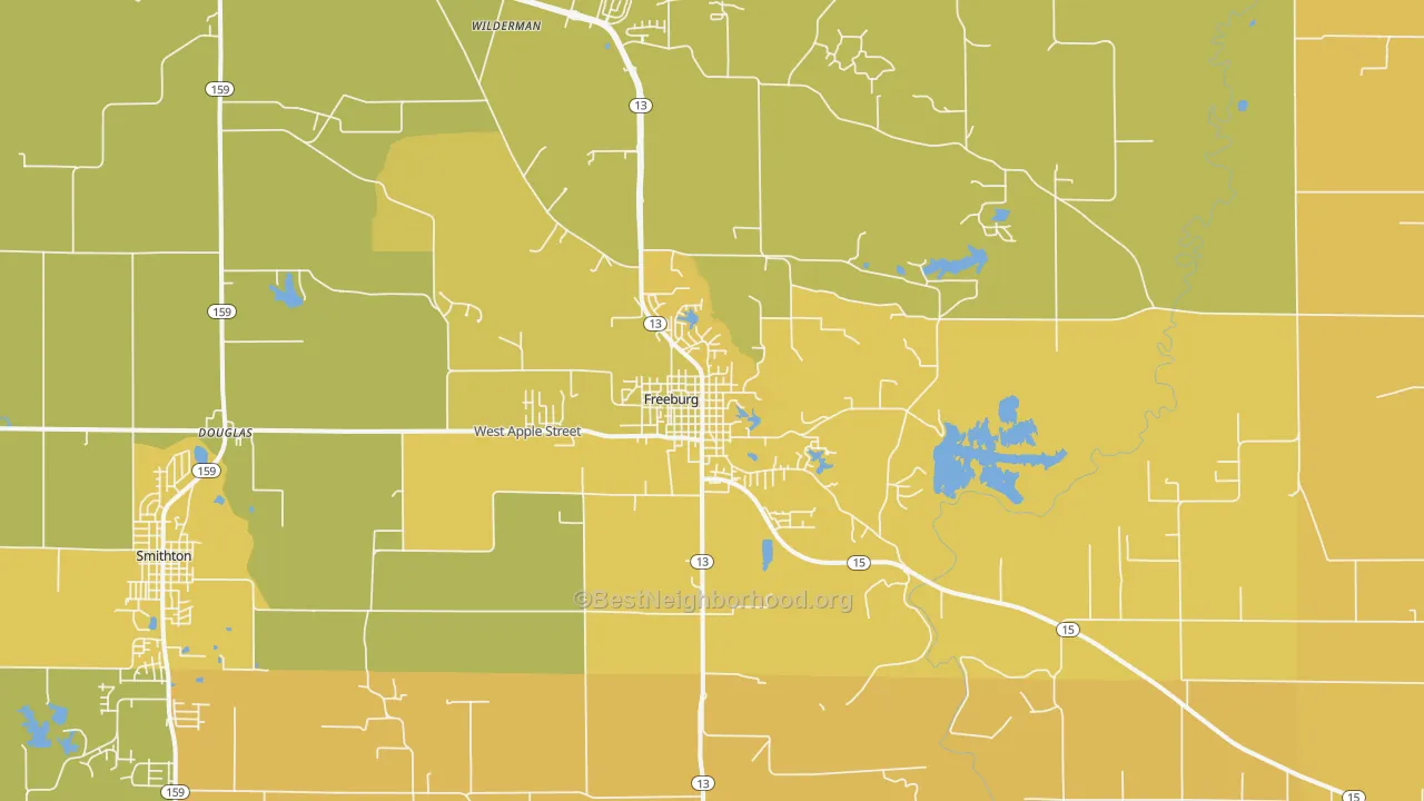 Map of the best neighborhoods in the 62243 area, with better matches in green and worse matches in red