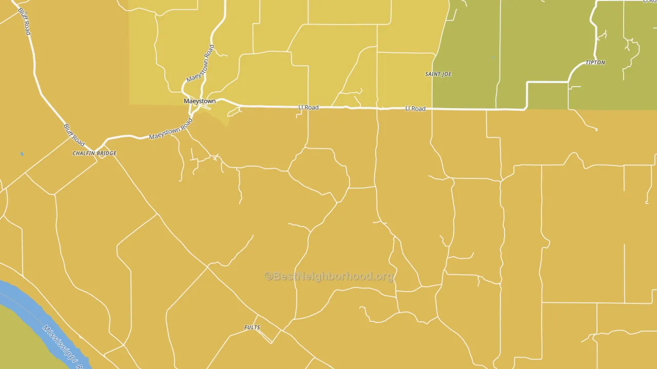 Map of the best neighborhoods in the 62244 area, with better matches in green and worse matches in red